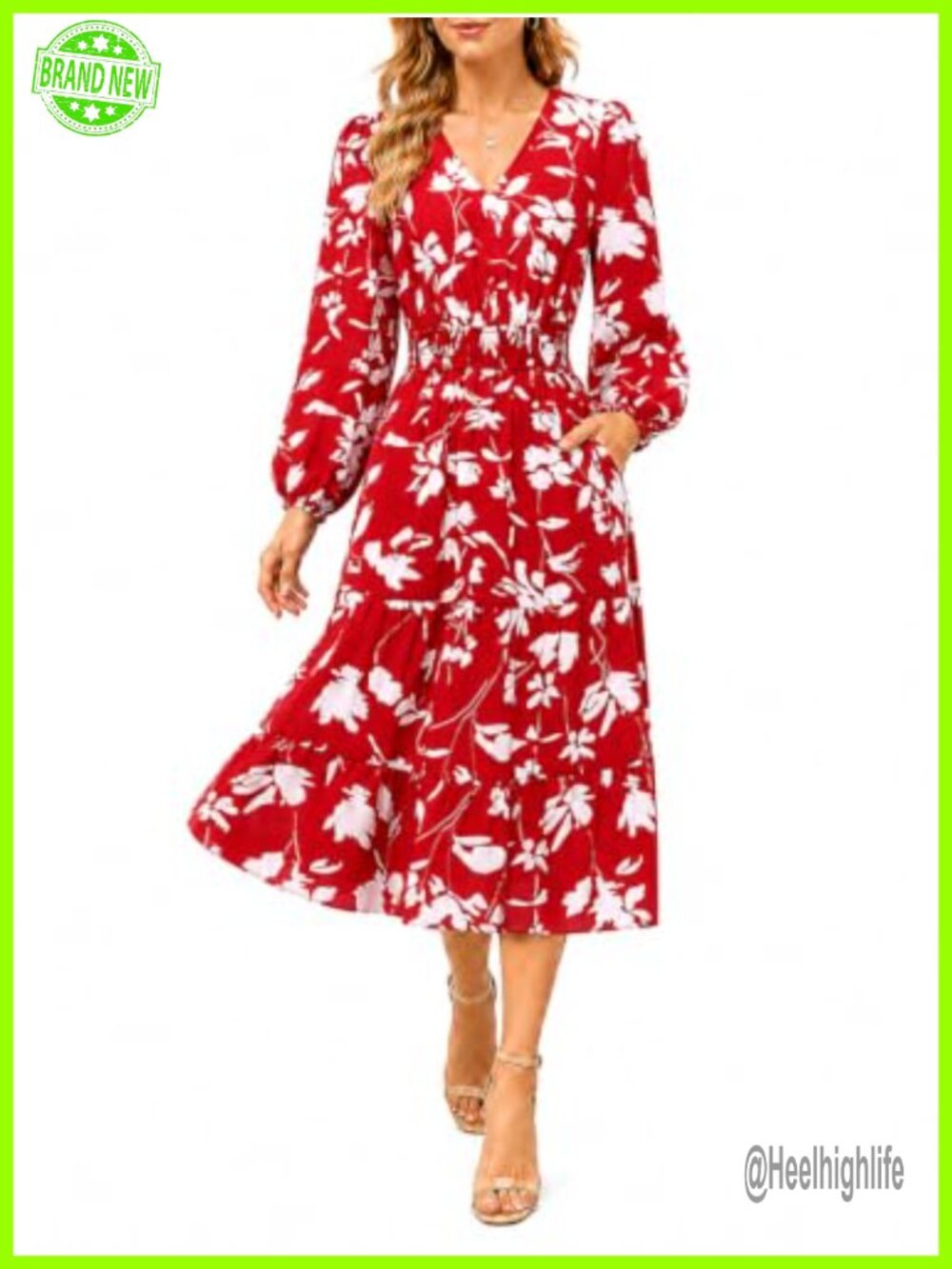 Women's Floral Long Sleeve Midi Dress V-Neck Hidden Pockets